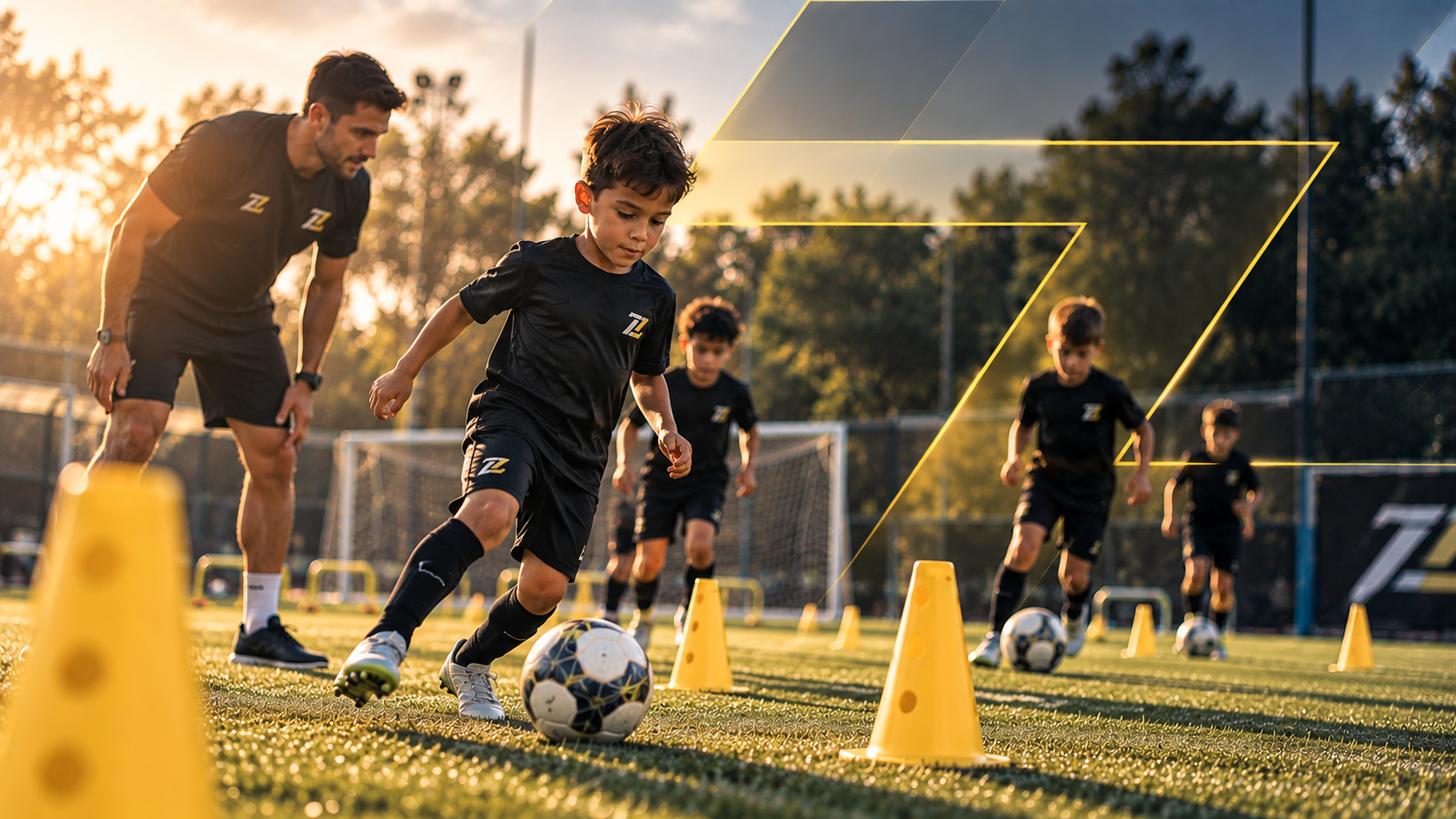 Crianças aprendendo futebol com orientação de um treinador no campo